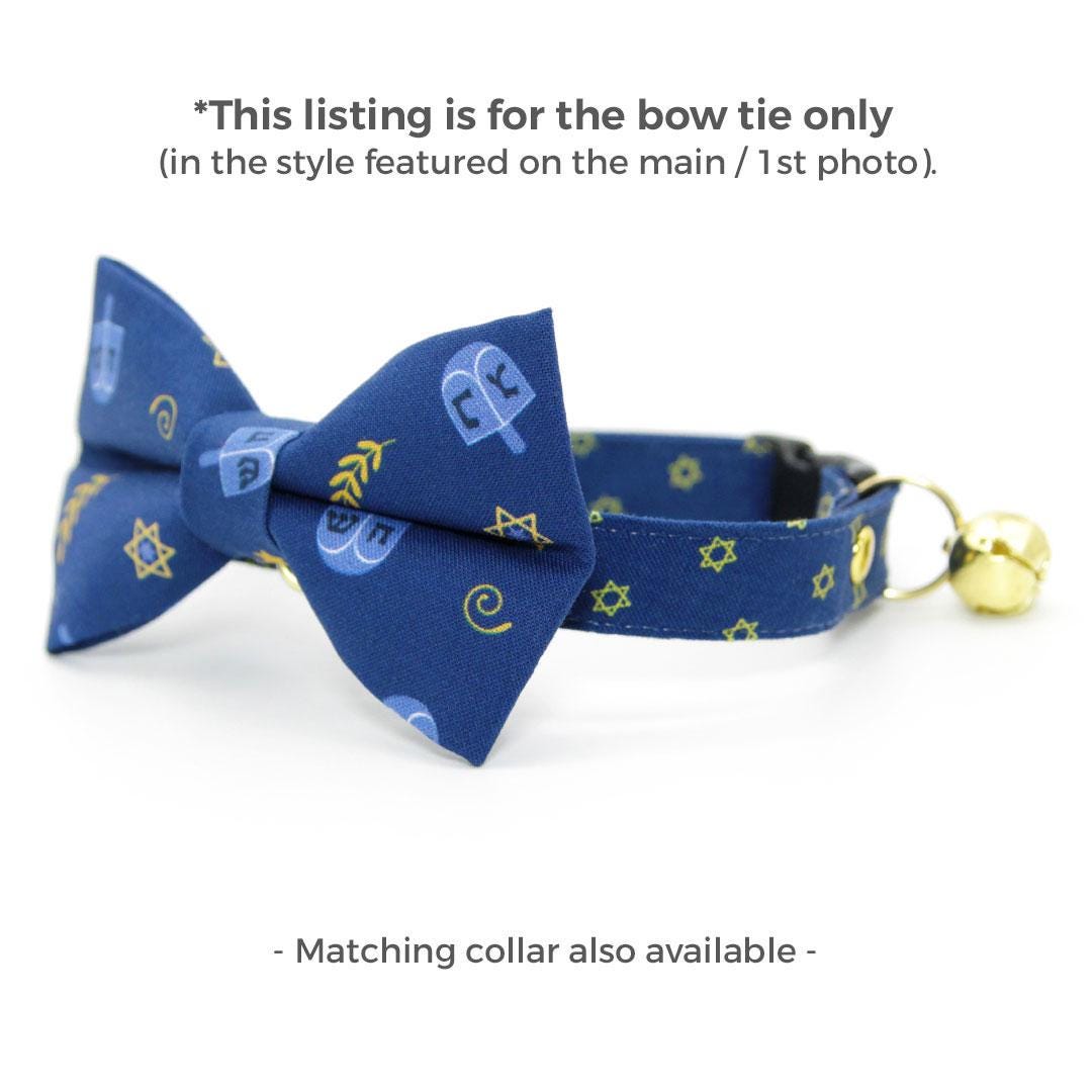 Hanukkah Cat Bow Tie - "Dreidels" - Jewish Blue & Gold Bow Tie for Cat Collar / Chanukah, Hebrew / Cat, Kitten + Small Dog Bowtie