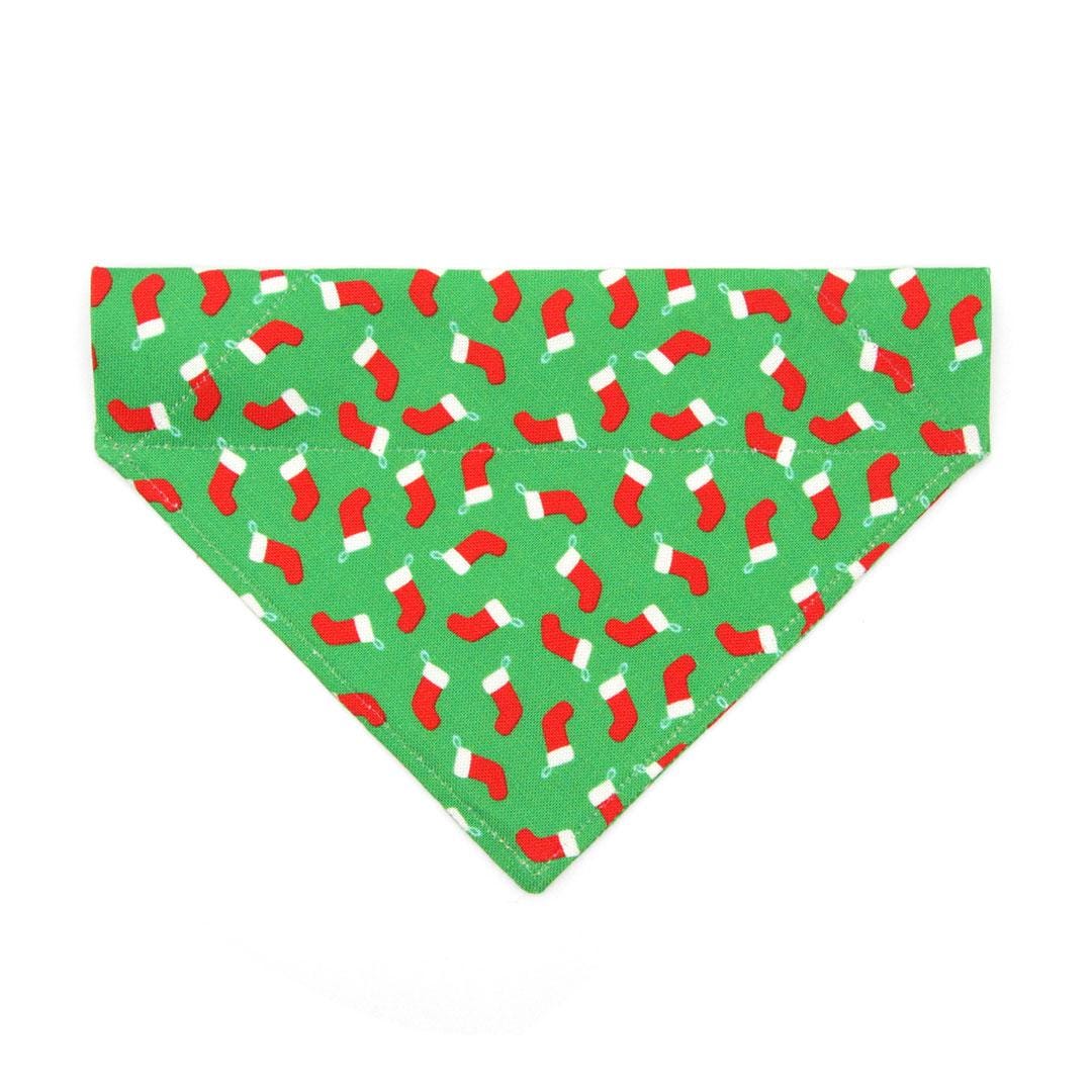 Holiday Cat Bandana - "Christmas Stockings" - Red Socks on Green Bandana for Cat + Small Dog / Slide-on Bandana / Over-the-Collar