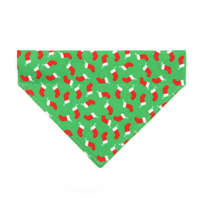 Holiday Cat Bandana - "Christmas Stockings" - Red Socks on Green Bandana for Cat + Small Dog / Slide-on Bandana / Over-the-Collar