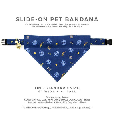 Hanukkah Cat Bandana - "Dreidels" - Blue & Gold Jewish Bandana for Cat + Small Dog / Chanukah / Slide-on Bandana / Over-the-Collar