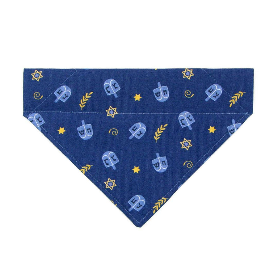Hanukkah Cat Bandana - "Dreidels" - Blue & Gold Jewish Bandana for Cat + Small Dog / Chanukah / Slide-on Bandana / Over-the-Collar