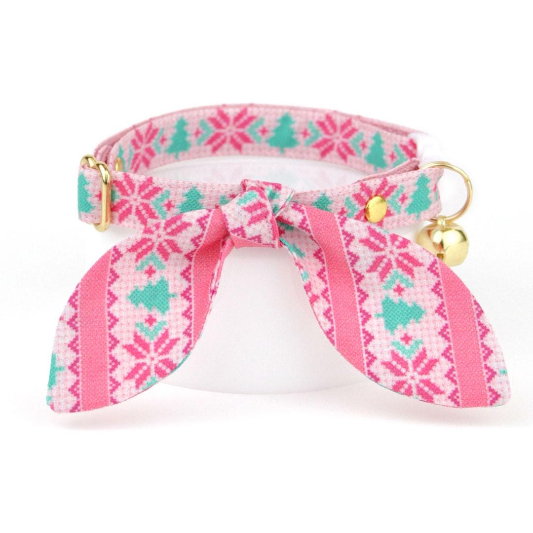 Cat Collar and Bunny Ear Bow Set - "Fair Isle - Pink" - Nordic Winter Sweater Cat Collar w/ Matching Bunny Bow Tie / Tie-On Scarf / Cat, Kitten + Small Dog Sizes