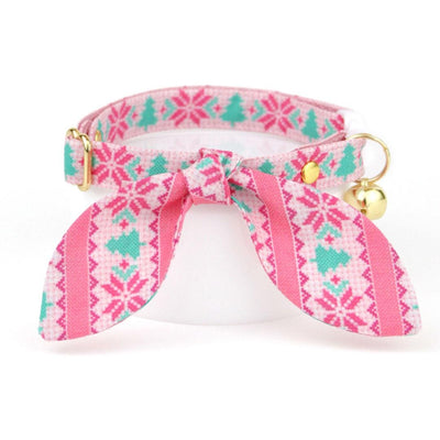 Cat Collar and Bunny Ear Bow Set - "Fair Isle - Pink" - Nordic Winter Sweater Cat Collar w/ Matching Bunny Bow Tie / Tie-On Scarf / Cat, Kitten + Small Dog Sizes