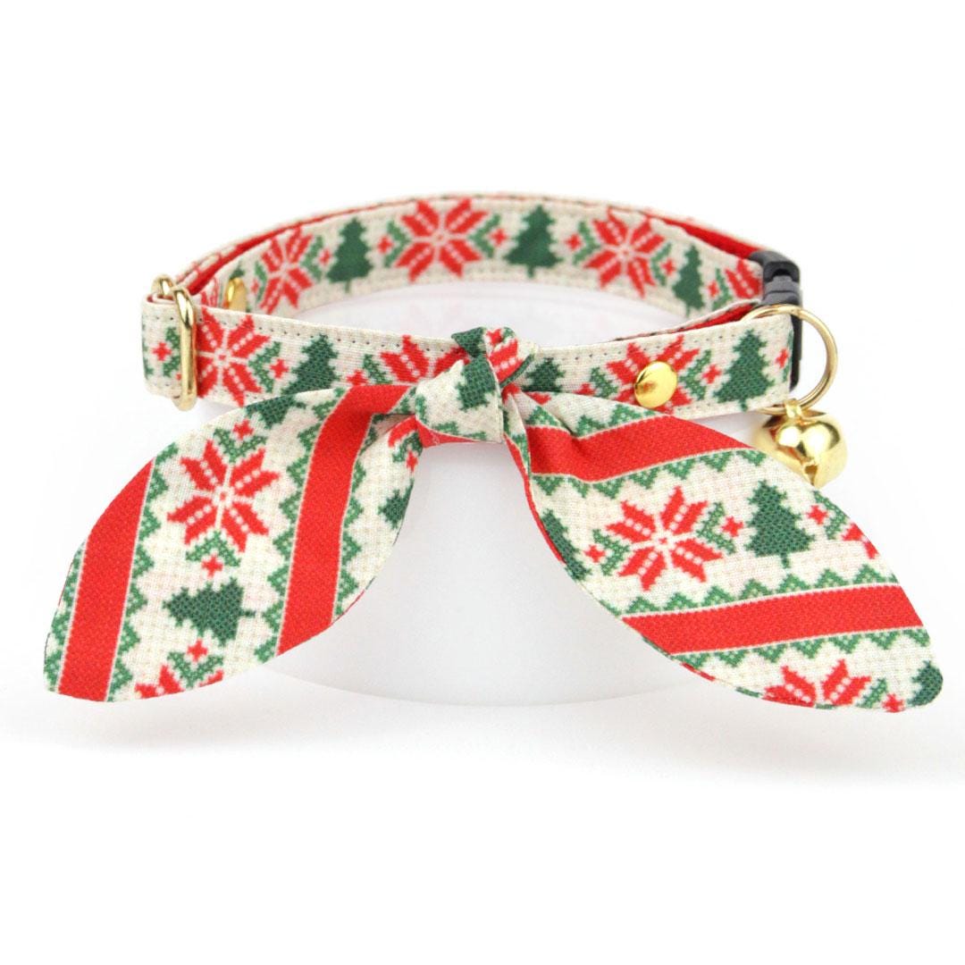 Cat Collar and Bunny Ear Bow Set - "Fair Isle - Christmas" - Alpine Holiday Sweater Cat Collar w/ Matching Bunny Bow Tie / Tie-On Scarf / Cat, Kitten + Small Dog Sizes