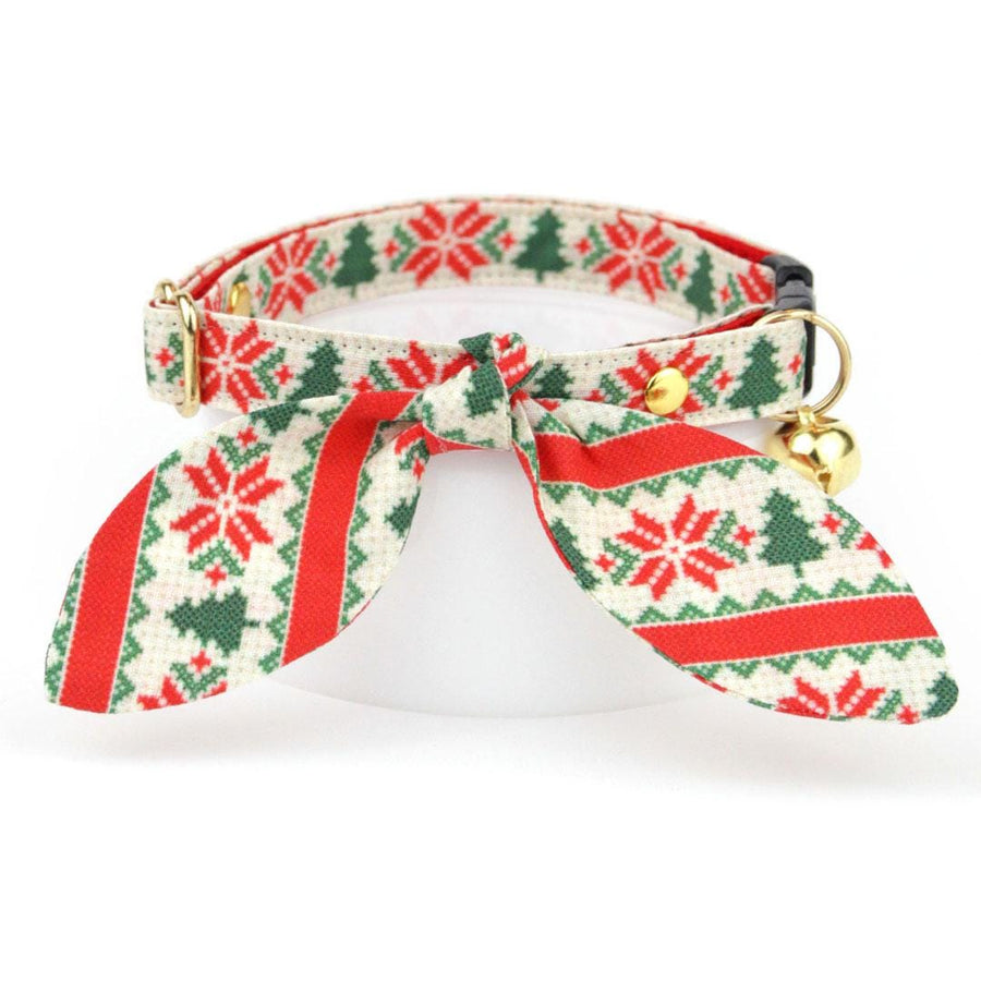 Cat Collar and Bunny Ear Bow Set - "Fair Isle - Christmas" - Alpine Holiday Sweater Cat Collar w/ Matching Bunny Bow Tie / Tie-On Scarf / Cat, Kitten + Small Dog Sizes
