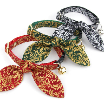 Cat Collar and Bunny Ear Bow Set - "Royal Emerald" - Regal Green & Gold Cat Collar w/ Matching Bunny Bow Tie / Tie-On Scarf / Wedding, Holiday / Cat, Kitten + Small Dog Sizes