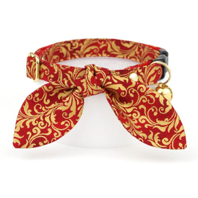 Cat Collar and Bunny Ear Bow Set - "Royal Ruby" - Regal Gold & Red Cat Collar w/ Matching Bunny Bow Tie / Tie-On Scarf / Wedding, Holiday / Cat, Kitten + Small Dog Sizes