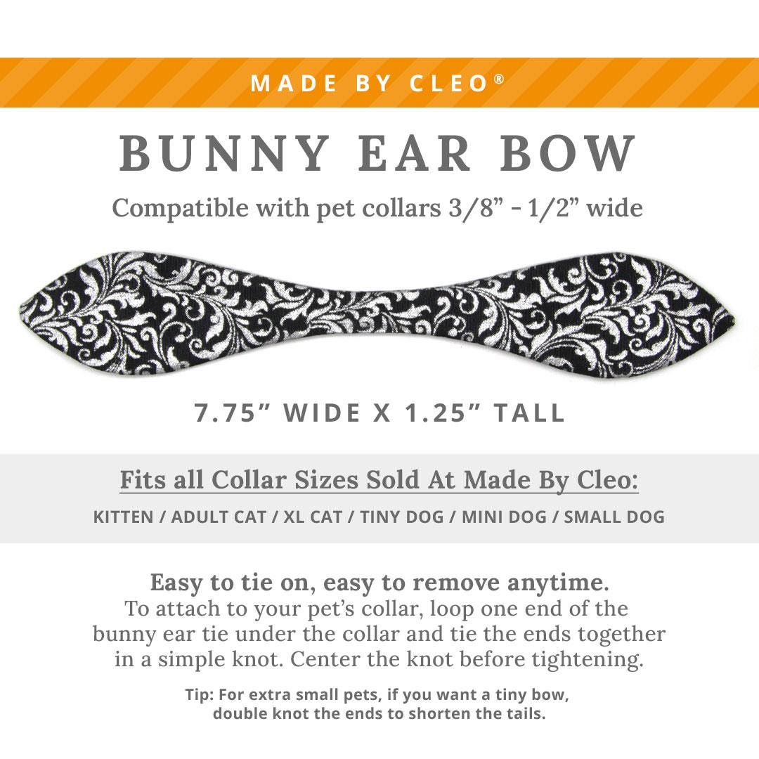 Cat Collar and Bunny Ear Bow Set - "Royal Sterling" - Regal Black & Silver Cat Collar w/ Matching Bunny Bow Tie / Tie-On Scarf / Wedding, New Years / Cat, Kitten + Small Dog Sizes