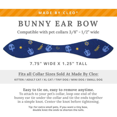 Cat Collar and Bunny Ear Bow Set - "Dreidels + Star of David" - Blue & Gold Hanukkah Cat Collar w/ Matching Bunny Bow Tie / Tie-On Scarf / Cat, Kitten + Small Dog Sizes
