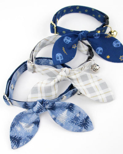 Cat Collar and Bunny Ear Bow Set - "Dreidels + Star of David" - Blue & Gold Hanukkah Cat Collar w/ Matching Bunny Bow Tie / Tie-On Scarf / Cat, Kitten + Small Dog Sizes