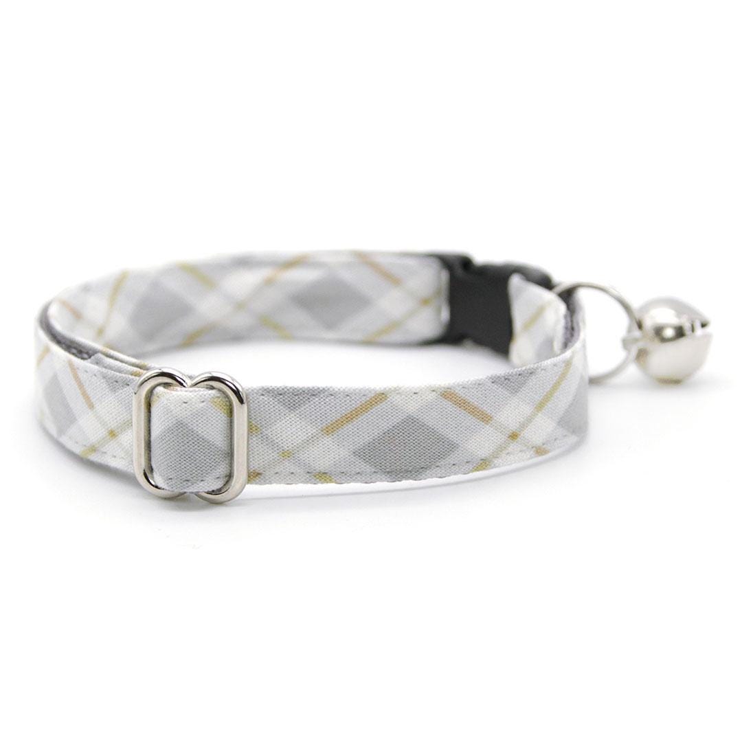 Cat Collar and Bunny Ear Bow Set - "Earl Grey" - Light Gray Plaid Cat Collar w/ Matching Bunny Bow Tie / Tie-On Scarf / Cat, Kitten + Small Dog Sizes