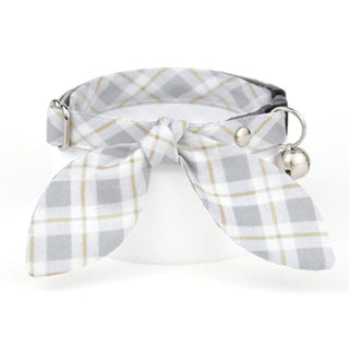 Cat Collar & Bunny Ear Bow Set - "Earl Grey" - Light Gray Plaid Cat Collar w/ Matching Bunny Bow Tie / Tie-On Scarf / Cat, Kitten + Small Dog Sizes - Kitten (6-10) / Breakaway / Silver