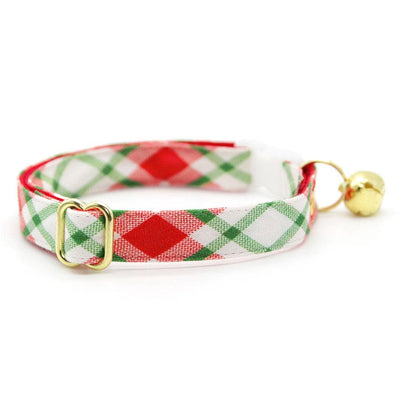 Christmas Cat Collar + Flower Set - "Jolly Plaid" - Red & Green Holiday Cat Collar w/ Scarlet Felt Flower (Detachable) / Cat, Kitten + Small Dog Sizes