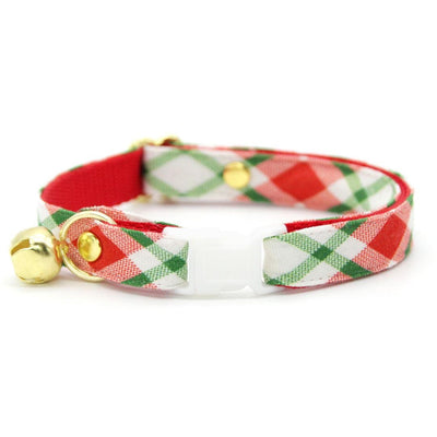 Christmas Cat Collar + Flower Set - "Jolly Plaid" - Red & Green Holiday Cat Collar w/ Scarlet Felt Flower (Detachable) / Cat, Kitten + Small Dog Sizes