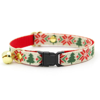 Holiday Cat Collar + Flower Set - "Fair Isle - Christmas" - Red & Green Nordic Cat Collar w/ Scarlet Felt Flower (Detachable) / Cat, Kitten + Small Dog Sizes