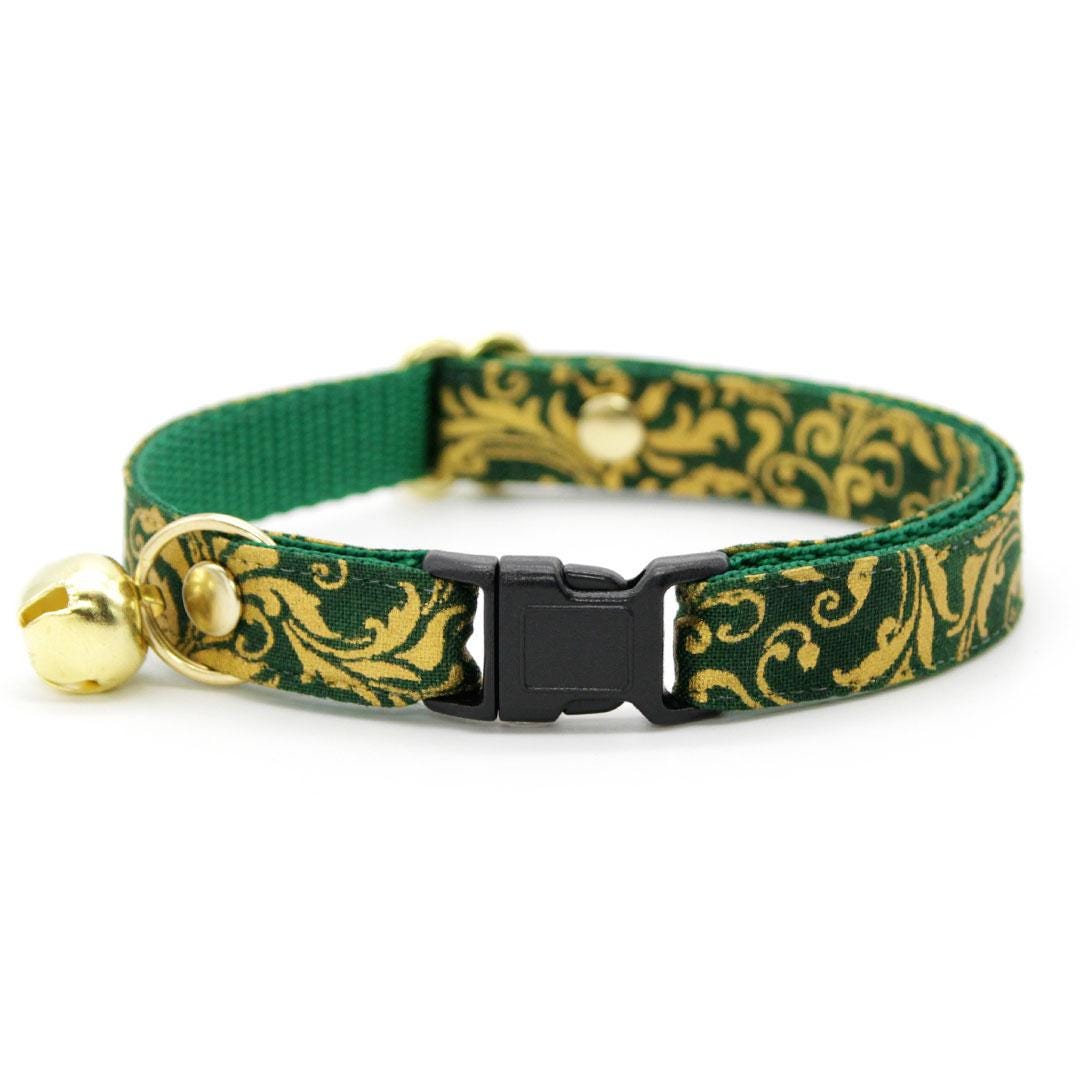 Regal Cat Collar + Flower Set - "Royal Emerald" - Green & Gold Cat Collar w/ Clover Felt Flower (Detachable) / Cat, Kitten + Small Dog Sizes
