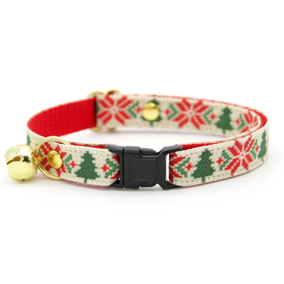 Nordic Cat Collar - "Fair Isle - Christmas" - Holiday Sweater Cat Collar / Alpine, Pine Tree / Breakaway Buckle or Non-Breakaway / Cat, Kitten + Small Dog Sizes