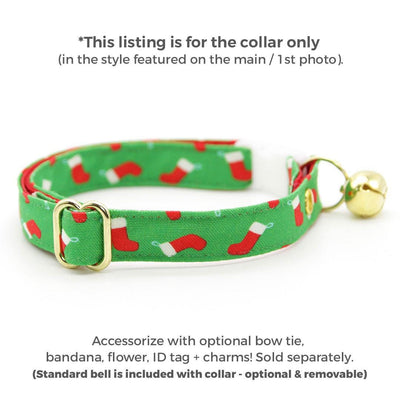 Holiday Cat Collar - "Christmas Stockings" - Red Socks on Green Cat Collar / Breakaway Buckle or Non-Breakaway / Cat, Kitten + Small Dog Sizes
