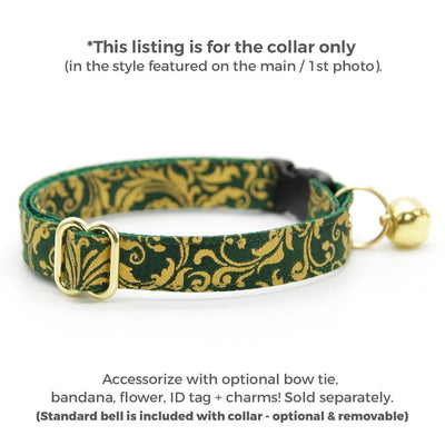 Regal Cat Collar - "Royal Emerald" - Gold & Green Cat Collar / Wedding, Medieval, Victorian, Fancy / Breakaway Buckle or Non-Breakaway / Cat, Kitten + Small Dog Sizes