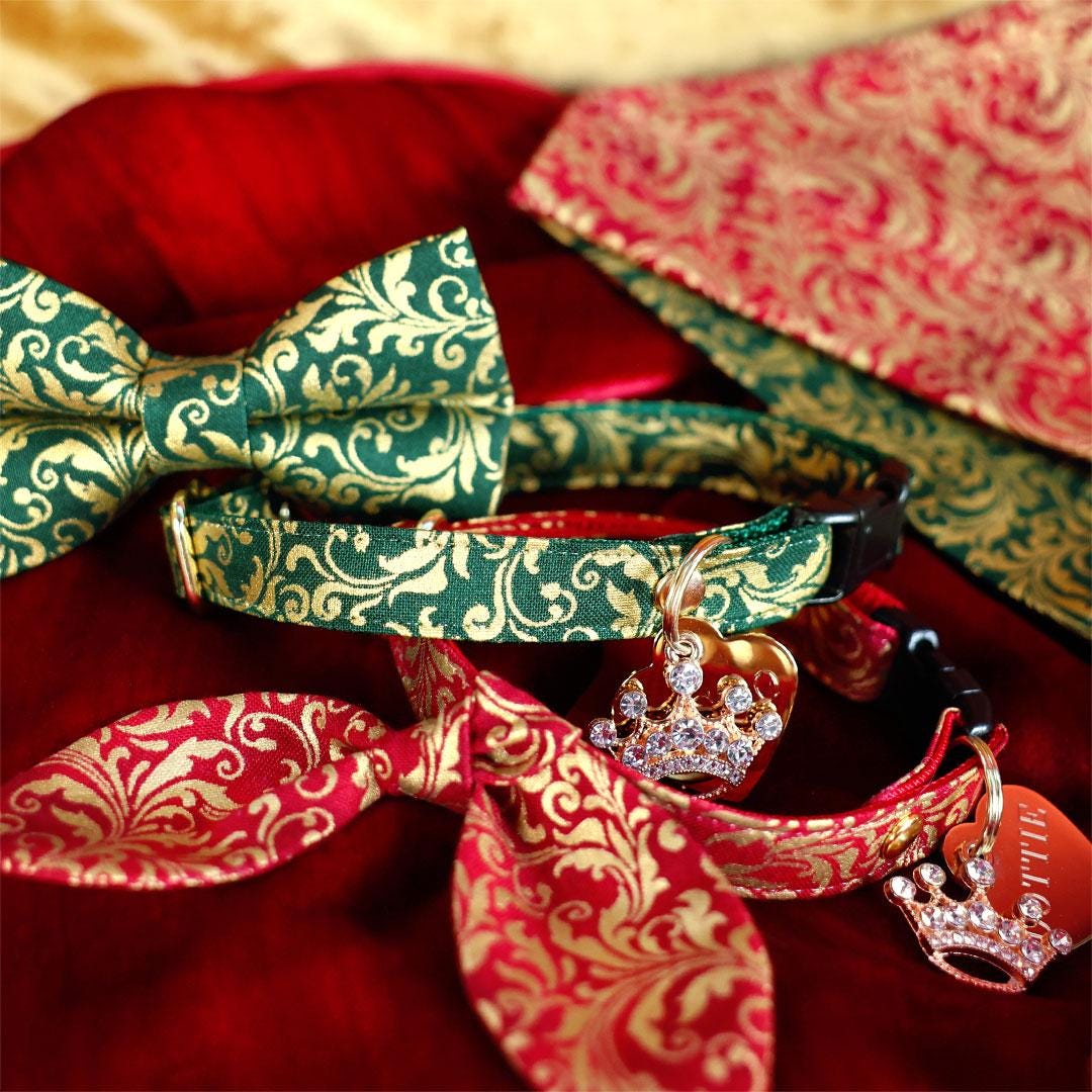 Regal Cat Collar - "Royal Emerald" - Gold & Green Cat Collar / Wedding, Medieval, Victorian, Fancy / Breakaway Buckle or Non-Breakaway / Cat, Kitten + Small Dog Sizes