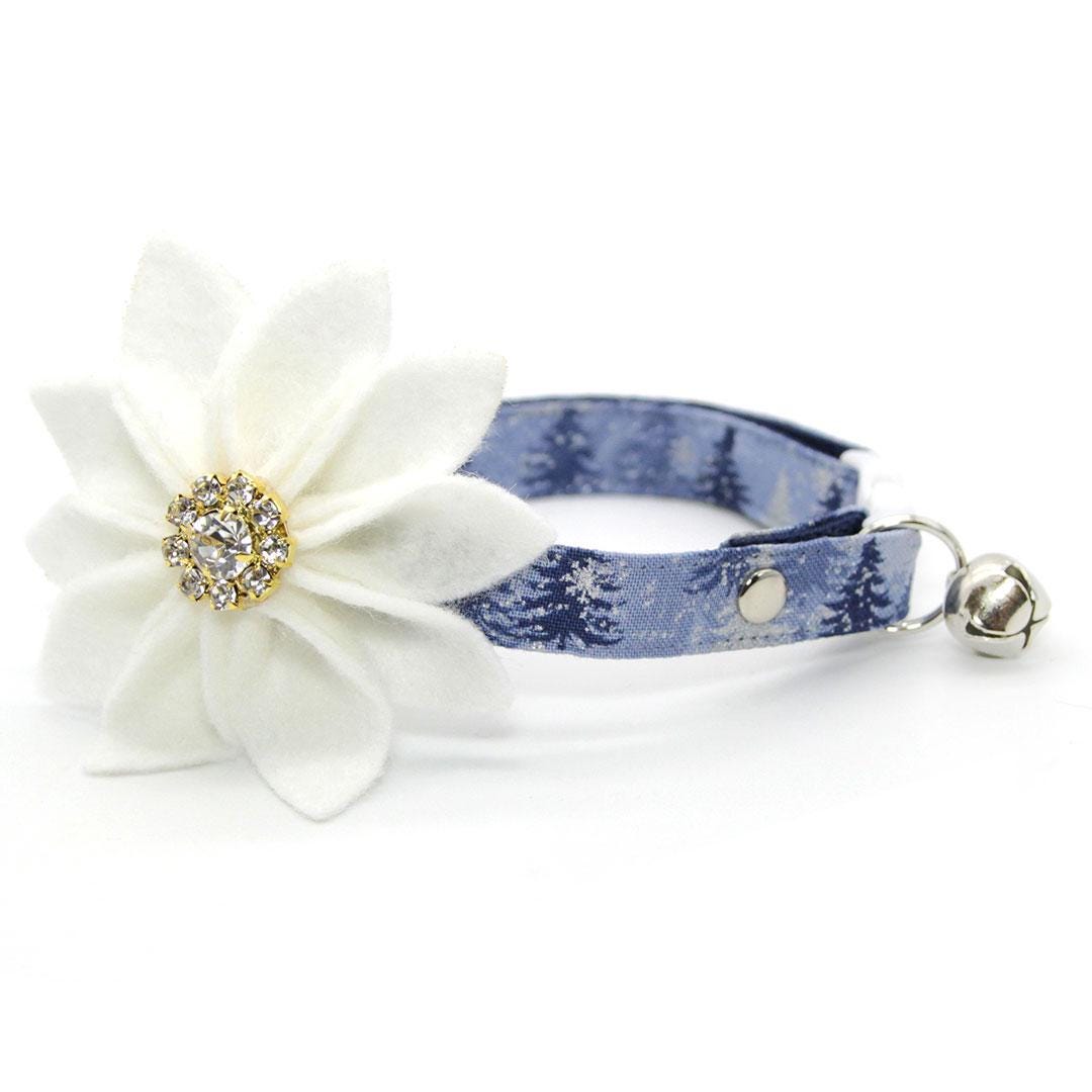 Solstice Cat Collar - "Blue Spruce" - Snowy Winter Pine Blue Cat Collar / Breakaway Buckle or Non-Breakaway / Cat, Kitten + Small Dog Sizes