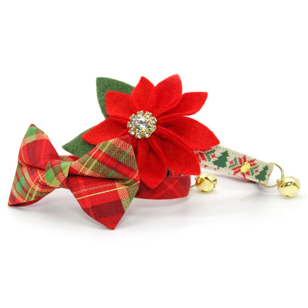 Holiday Bow Tie Cat Collar Set - "Cranberry Clove" - Red Green Christmas Tartan Plaid Cat Collar with Bow Tie / Cat, Kitten, Small Dog Sizes