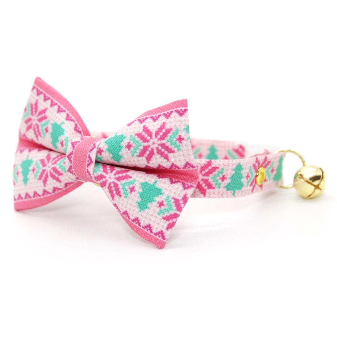 Bow Tie Cat Collar Set - "Fair Isle - Pink" - Winter Sweater Cat Collar with Bow Tie / Alpine Holiday, Ski, Nordic / Cat, Kitten, Small Dog Sizes