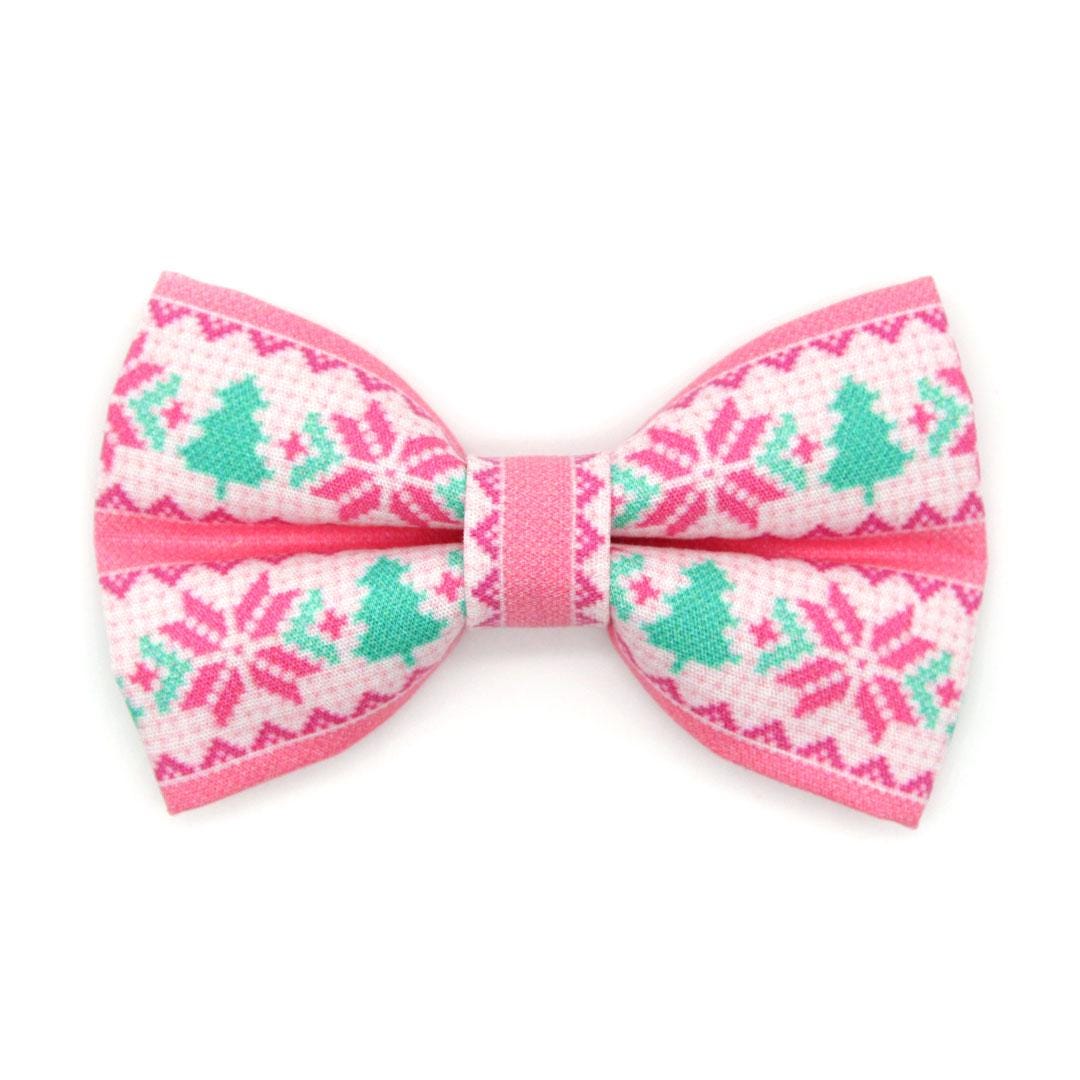 Bow Tie Cat Collar Set - "Fair Isle - Pink" - Winter Sweater Cat Collar with Bow Tie / Alpine Holiday, Ski, Nordic / Cat, Kitten, Small Dog Sizes