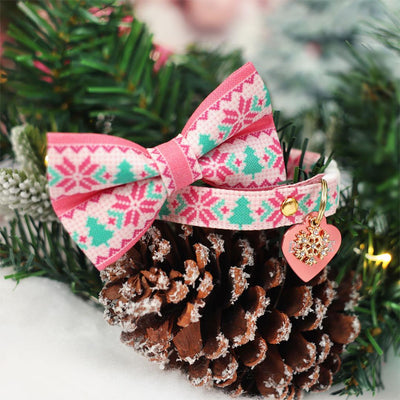 Bow Tie Cat Collar Set - "Fair Isle - Pink" - Winter Sweater Cat Collar with Bow Tie / Alpine Holiday, Ski, Nordic / Cat, Kitten, Small Dog Sizes