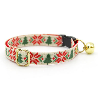 Holiday Bow Tie Cat Collar Set - "Fair Isle - Christmas" - Red & Green Alpine Sweater Cat Collar with Bow Tie / Ski, Nordic / Cat, Kitten, Small Dog Sizes