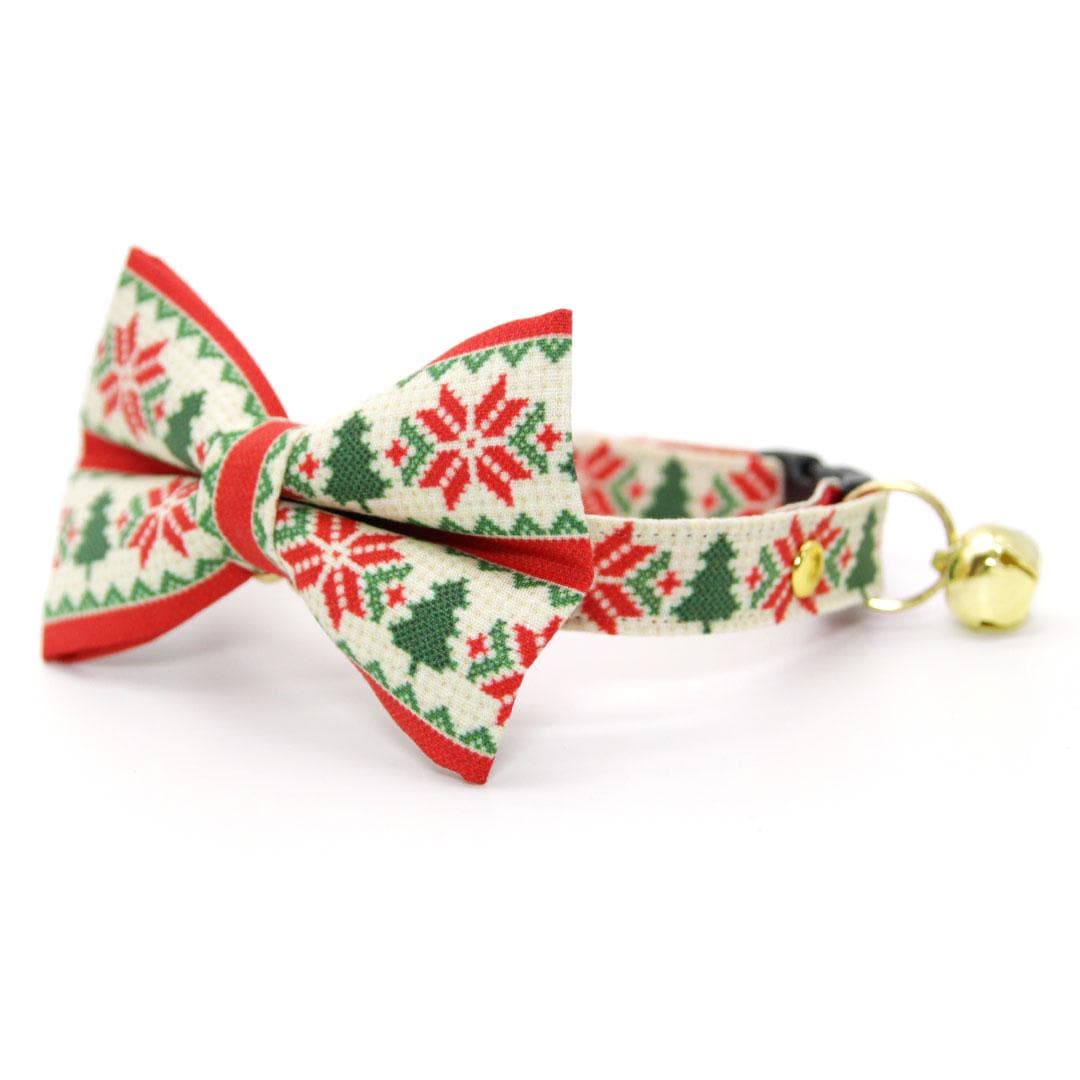 Holiday Bow Tie Cat Collar Set - "Fair Isle - Christmas" - Red & Green Alpine Sweater Cat Collar with Bow Tie / Ski, Nordic / Cat, Kitten, Small Dog Sizes