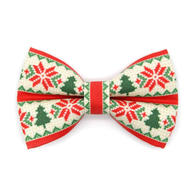 Holiday Bow Tie Cat Collar Set - "Fair Isle - Christmas" - Red & Green Alpine Sweater Cat Collar with Bow Tie / Ski, Nordic / Cat, Kitten, Small Dog Sizes