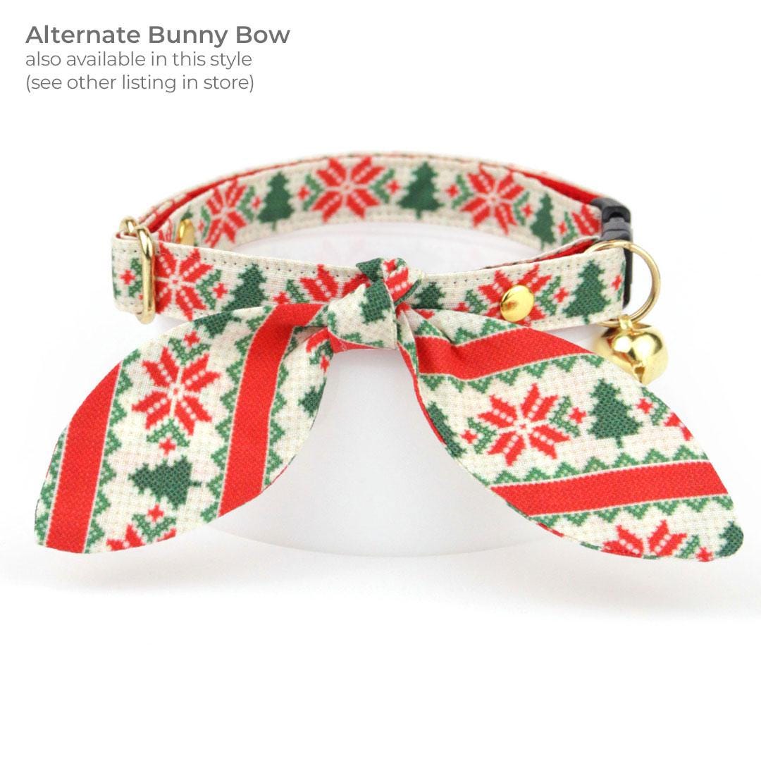 Holiday Bow Tie Cat Collar Set - "Fair Isle - Christmas" - Red & Green Alpine Sweater Cat Collar with Bow Tie / Ski, Nordic / Cat, Kitten, Small Dog Sizes