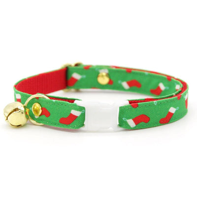 Holiday Bow Tie Cat Collar Set - "Christmas Stockings" - Festive Red Socks on Green Cat Collar with Bow Tie / Cat, Kitten, Small Dog Sizes