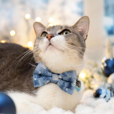 Winter Bow Tie Cat Collar Set - "Blue Spruce" - Mountain Forest Pine Tree Silver & Blue Cat Collar with Bow Tie / Solstice / Cat, Kitten, Small Dog Sizes