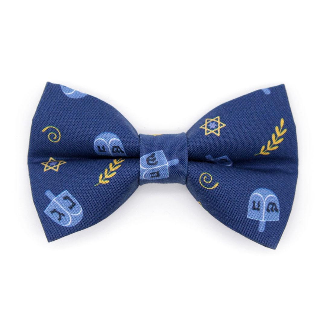 Hanukkah Bow Tie Cat Collar Set - "Dreidels + Star of David" - Jewish Blue & Gold Cat Collar with Dreidel Bowtie / Cat, Kitten, Small Dog Sizes