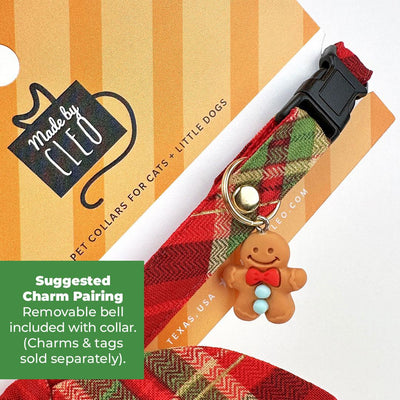 Cat Collar + Flower Set - "Cranberry Clove" - Red Holiday Plaid Cat Collar w/ Scarlet Felt Flower (Detachable) / Cat, Kitten + Small Dog Sizes