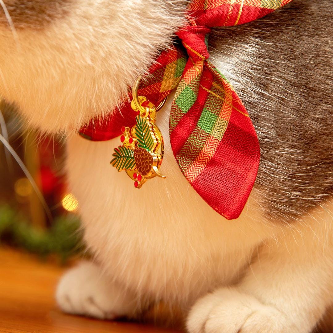 Cat Collar and Bunny Ear Bow Set - "Cranberry Clove" - Red Plaid Holiday Cat Collar w/ Matching Bunny Bow Tie / Tie-On Scarf / Cat, Kitten + Small Dog Sizes