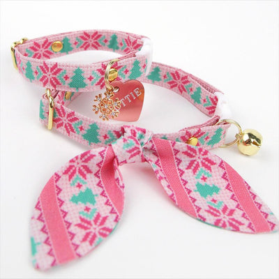 Cat Collar and Bunny Ear Bow Set - "Fair Isle - Pink" - Nordic Winter Sweater Cat Collar w/ Matching Bunny Bow Tie / Tie-On Scarf / Cat, Kitten + Small Dog Sizes