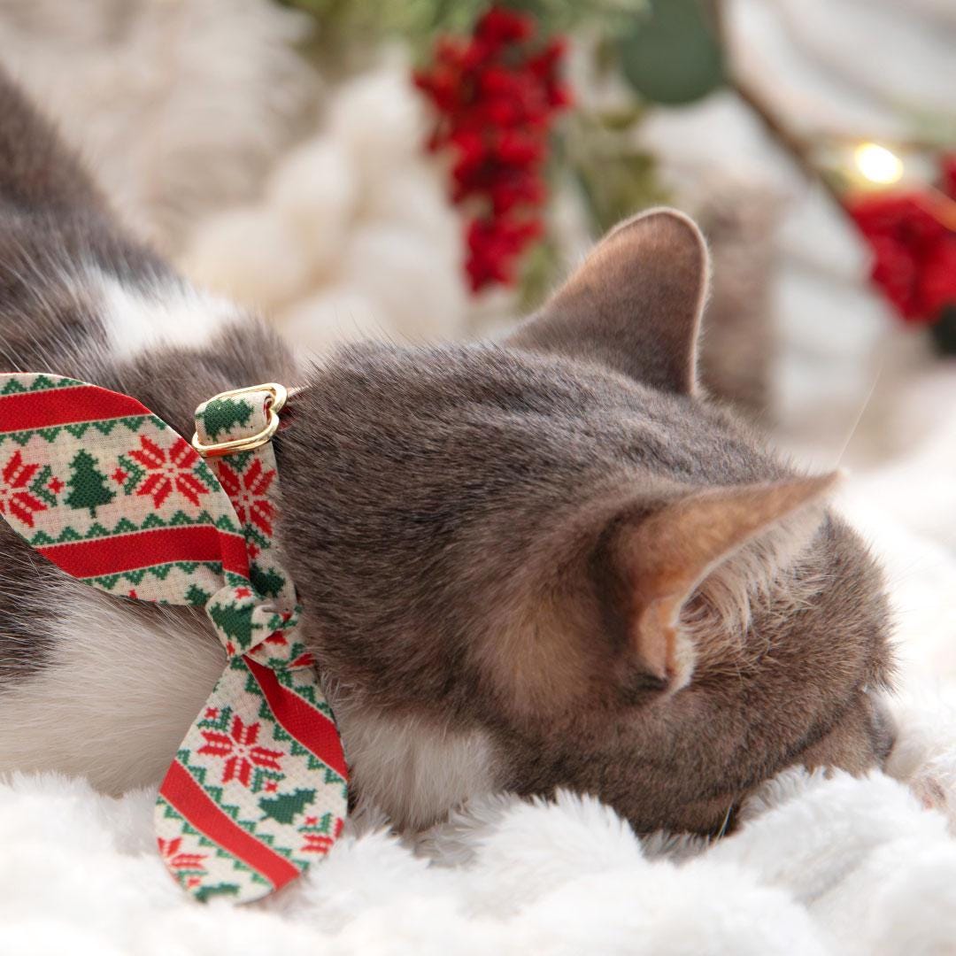 Cat Collar and Bunny Ear Bow Set - "Fair Isle - Christmas" - Alpine Holiday Sweater Cat Collar w/ Matching Bunny Bow Tie / Tie-On Scarf / Cat, Kitten + Small Dog Sizes