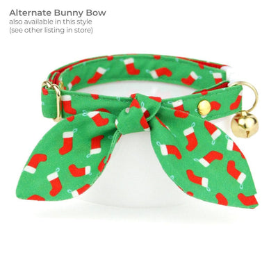 Holiday Cat Collar + Flower Set - "Christmas Stockings" - Red & Green Cat Collar + Scarlet Felt Flower (Detachable) / Cat, Kitten + Small Dog Sizes