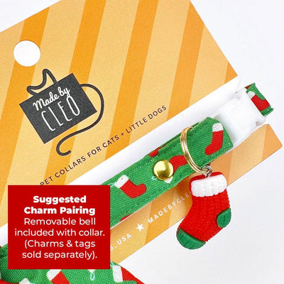 Holiday Cat Collar + Flower Set - "Christmas Stockings" - Red & Green Cat Collar + Scarlet Felt Flower (Detachable) / Cat, Kitten + Small Dog Sizes