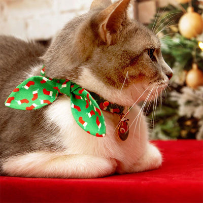 Cat Collar and Bunny Ear Bow Set - "Christmas Stockings" - Red & Green Holiday Cat Collar w/ Matching Bunny Bow Tie / Tie-On Scarf / Cat, Kitten + Small Dog Sizes