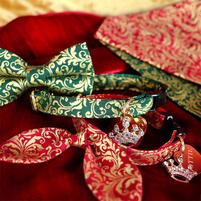 Cat Collar and Bunny Ear Bow Set - "Royal Ruby" - Regal Gold & Red Cat Collar w/ Matching Bunny Bow Tie / Tie-On Scarf / Wedding, Holiday / Cat, Kitten + Small Dog Sizes