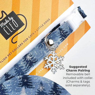 Winter Cat Collar + Flower Set - "Blue Spruce" - Snowy Forest Cat Collar w/ Sky Blue Felt Flower (Detachable) / Cat, Kitten + Small Dog Sizes