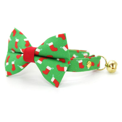 Holiday Bow Tie Cat Collar Set - "Christmas Stockings" - Festive Red Socks on Green Cat Collar with Bow Tie / Cat, Kitten, Small Dog Sizes