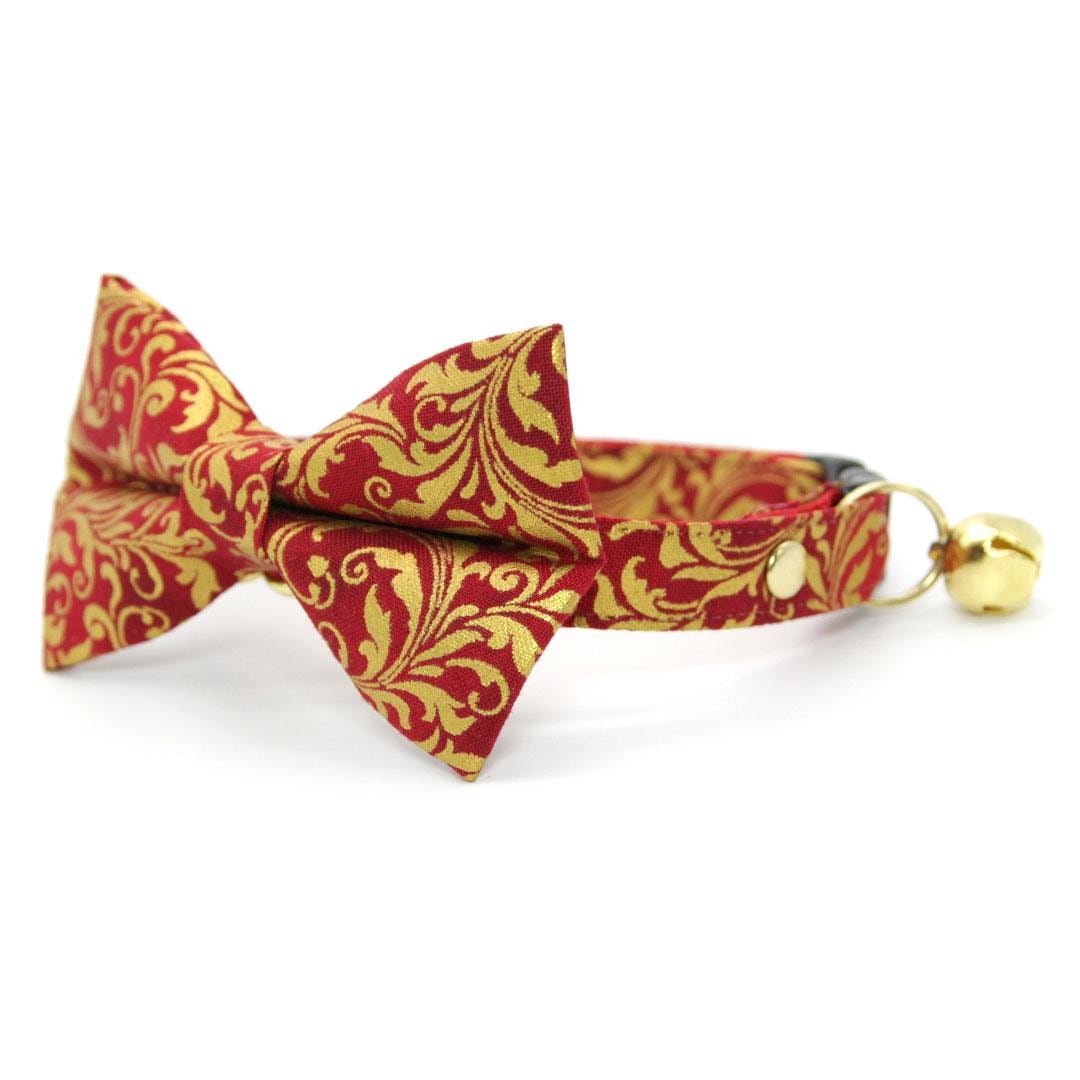 Regal Bow Tie Cat Collar Set - "Royal Ruby" - Gold & Red Cat Collar with Bow Tie / Holiday, Medieval, Victorian, Fancy, Wedding / Cat, Kitten, Small Dog Sizes
