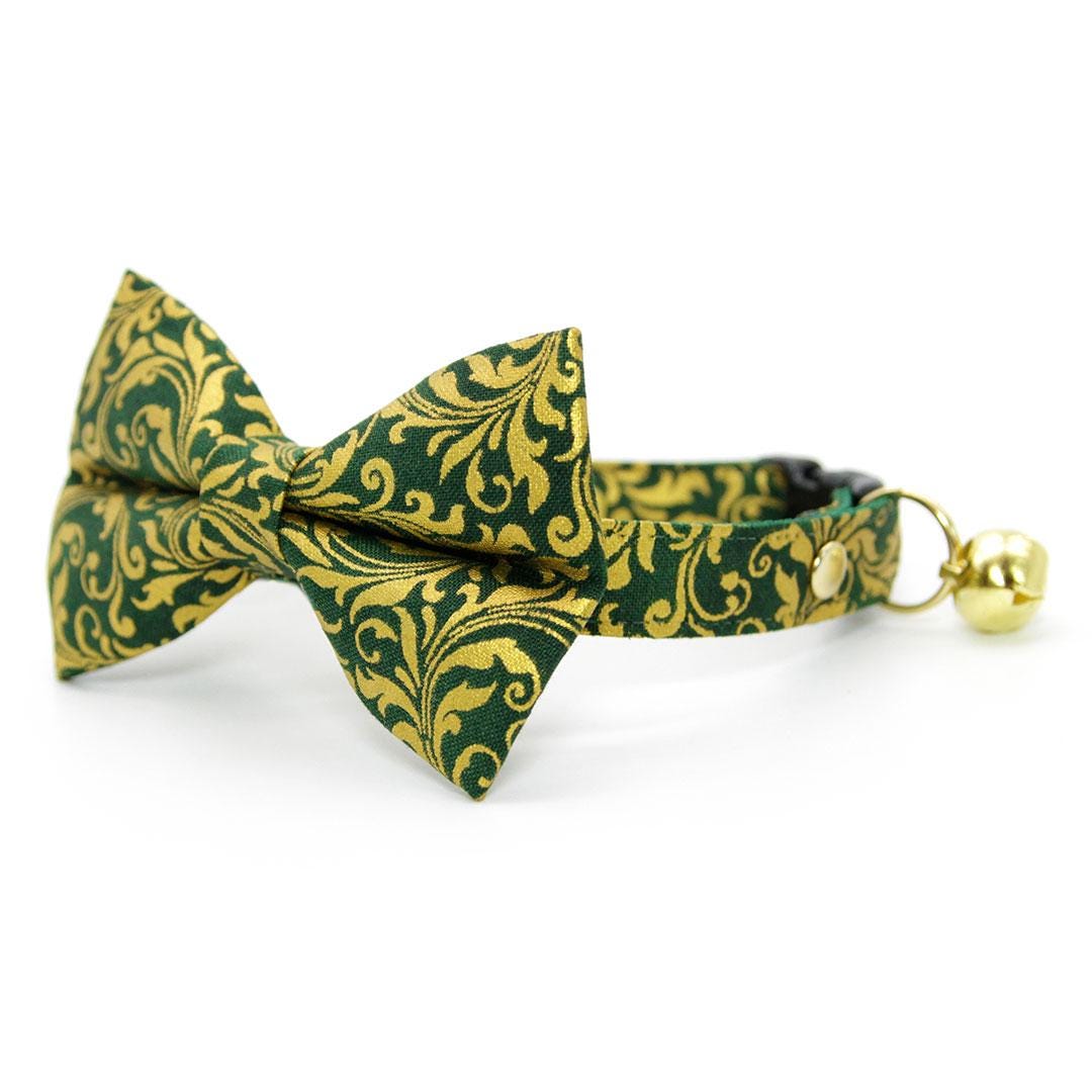 Regal Bow Tie Cat Collar Set - "Royal Emerald" - Gold & Green Cat Collar with Bow Tie / Holiday, Medieval, Victorian, Fancy, Wedding / Cat, Kitten, Small Dog Sizes
