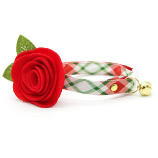 Christmas Cat Collar + Flower Set - "Jolly Plaid" - Red & Green Holiday Cat Collar w/ Scarlet Felt Flower (Detachable) / Cat, Kitten + Small Dog Sizes - Adult Cat (8-13) / Breakaway / Gold
