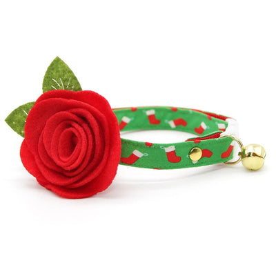 Holiday Cat Collar + Flower Set - "Christmas Stockings" - Red & Green Cat Collar + Scarlet Felt Flower (Detachable) / Cat, Kitten + Small Dog Sizes